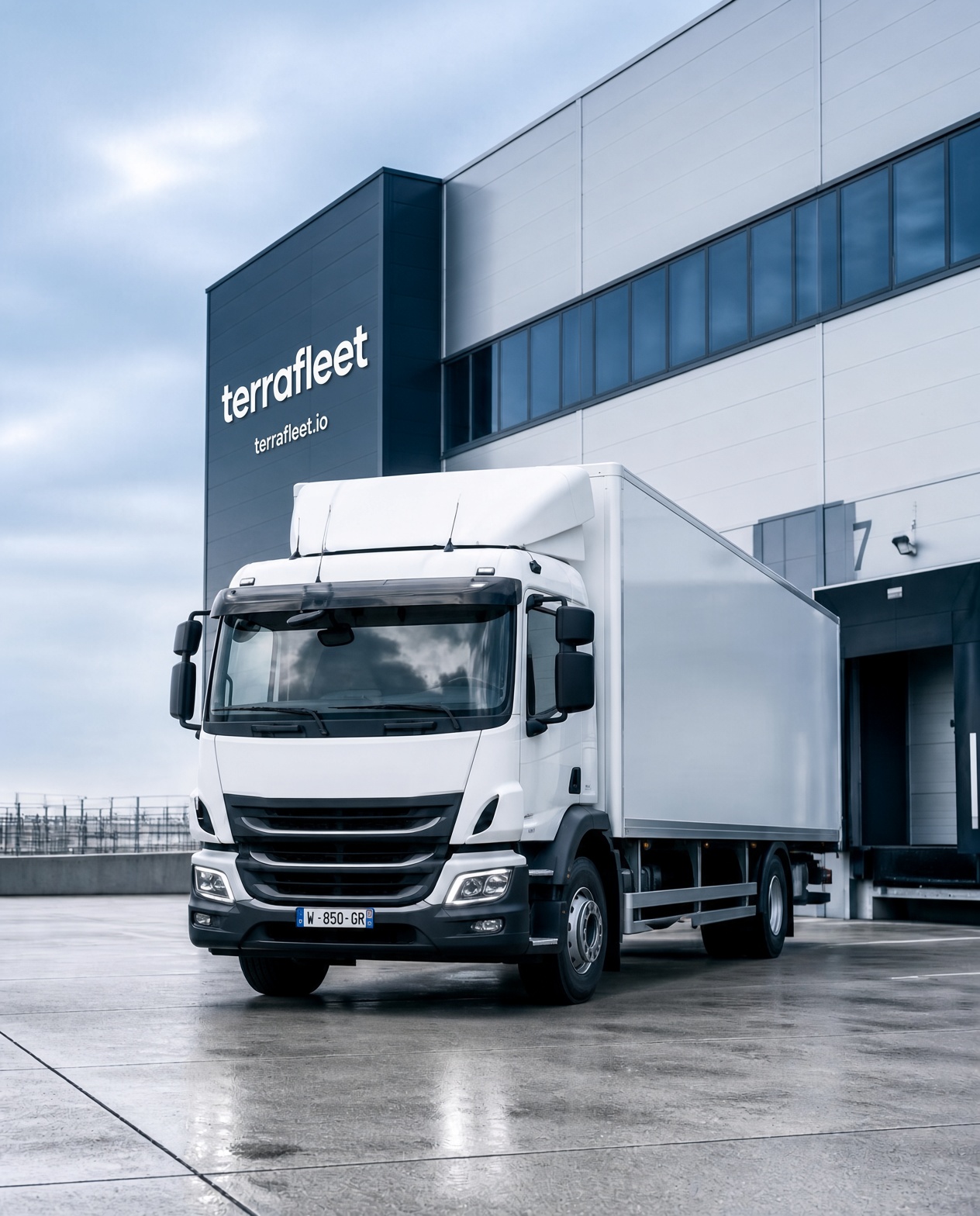Weißer Lkw mit Becker- und Flottex-Auflieger vor einer modernen Logistikhalle
