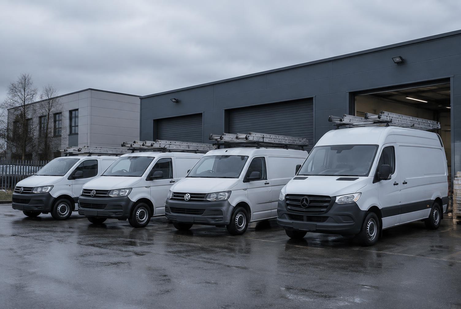 Reihe weißer Service-Transporter mit Leiterträgern vor einer Werkstatt