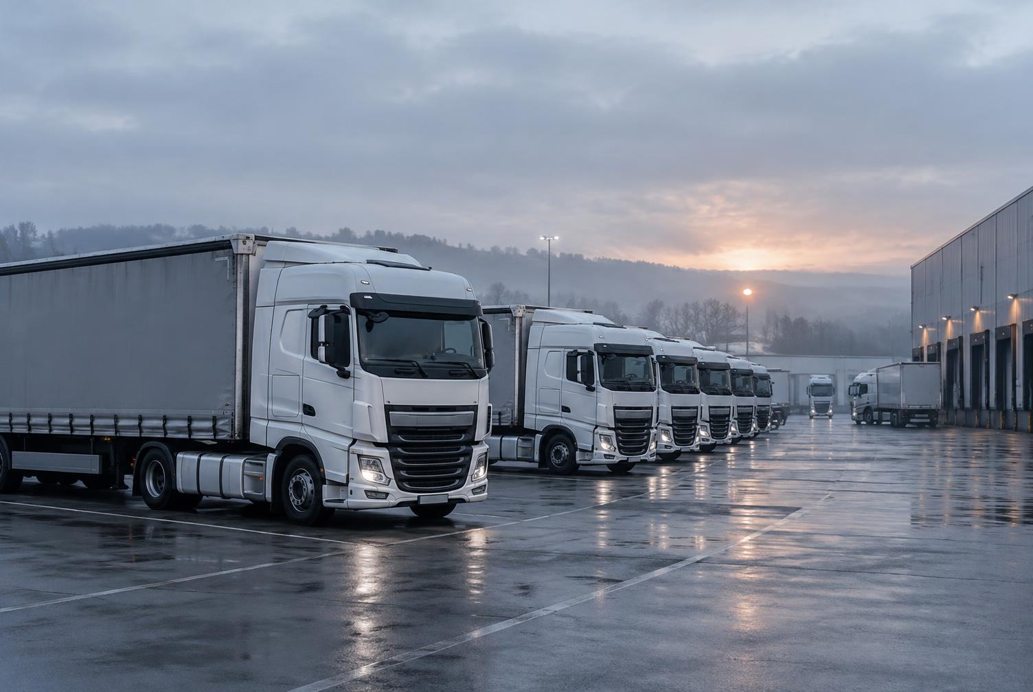Mehrere Sattelzugmaschinen mit Planenaufliegern in Reih und Glied auf einem Logistikgelände