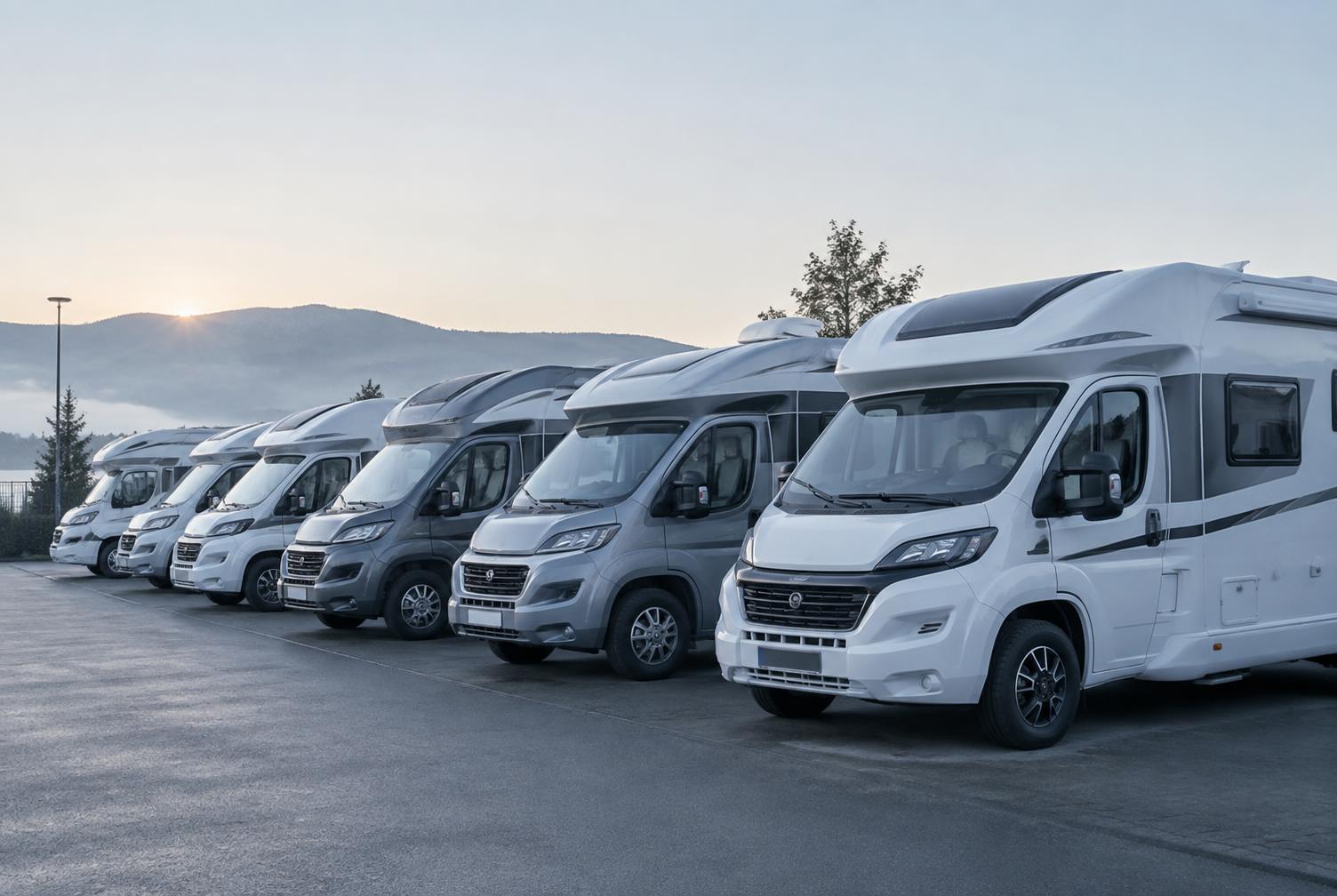 Reihe von Wohnmobilen auf dem Gelände eines Wohnmobilvermieters
