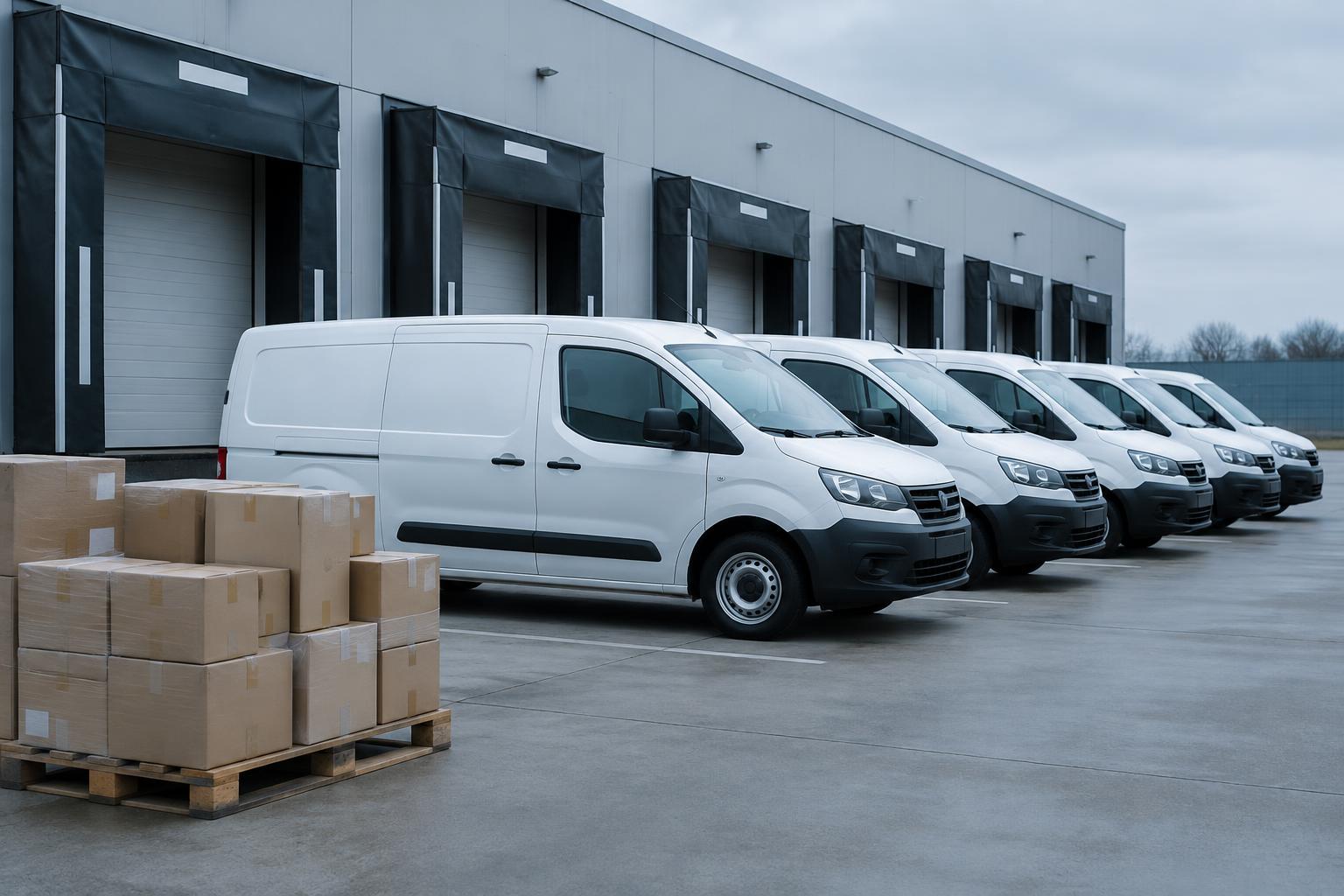 Fünf weiße Transporter stehen in einer Reihe vor den Laderampen einer Lagerhalle, im Vordergrund eine Palette mit Paketen