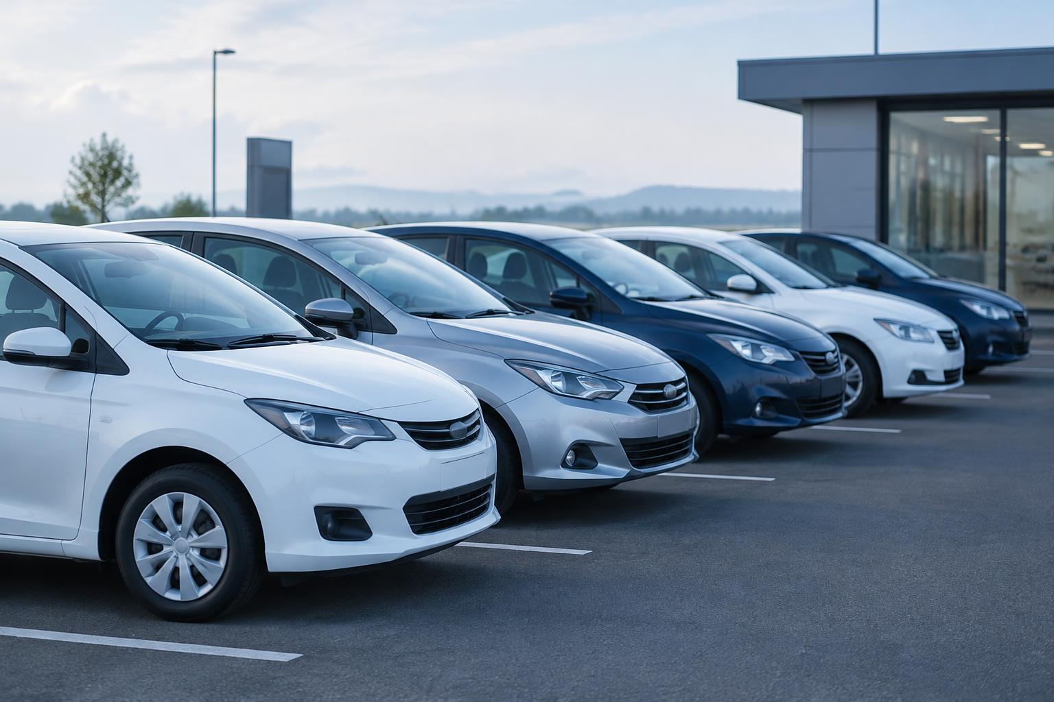 Fünf Kompaktwagen in Weiß, Silber und Dunkelblau stehen in einer Reihe auf dem Parkplatz eines Autohauses